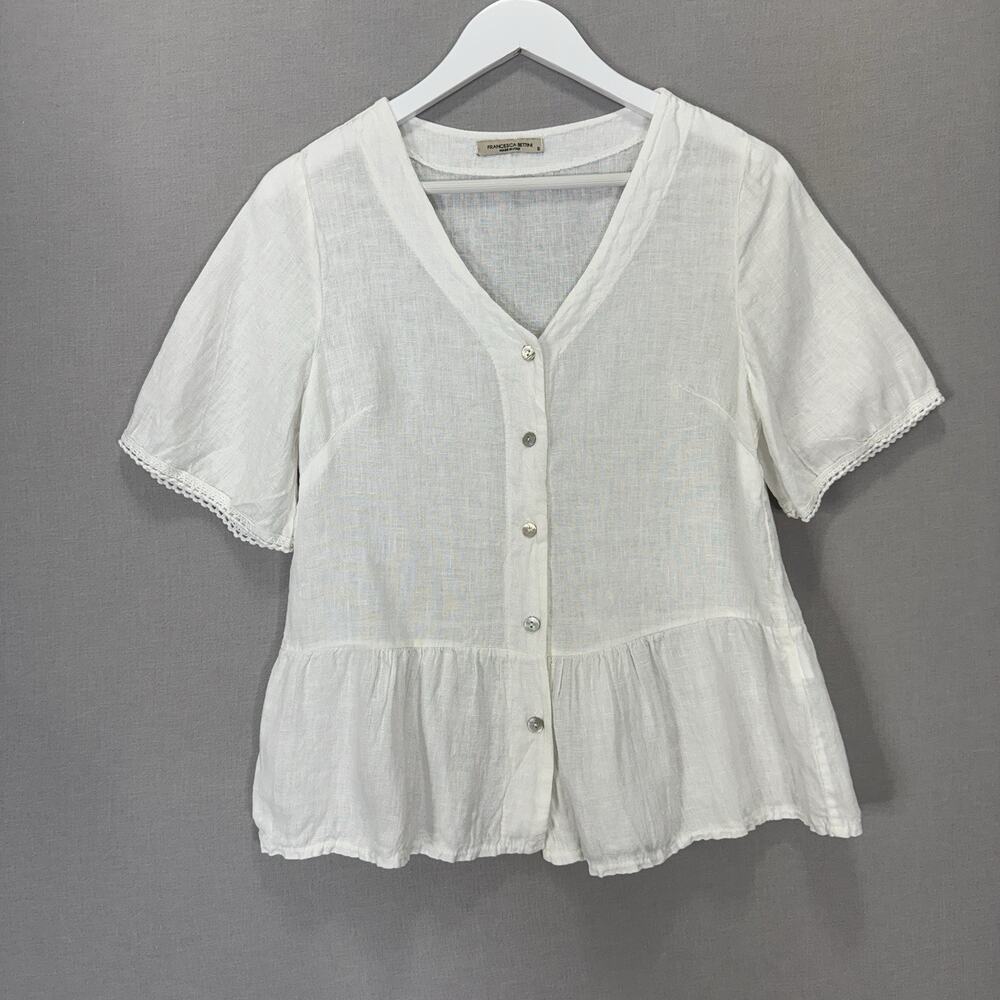 Francesca Bettini 100% Linen Blouse Womens S White Peplum Shirt Cottage Coastal
